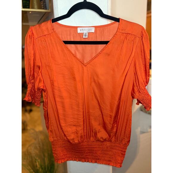 Philosophy women's orange satin short-sleeve v-neck smocked-hem blouse M 4-8 - Picture 2 of 4